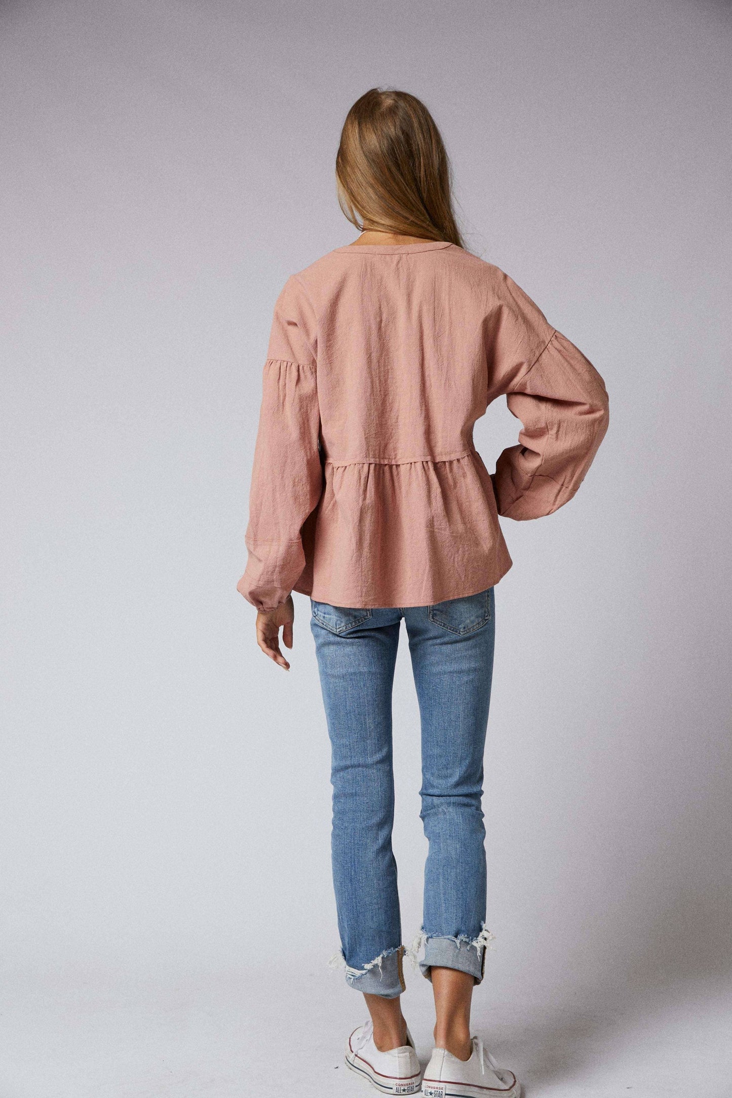 Long Sleeve Split Neck Mandarin Collar