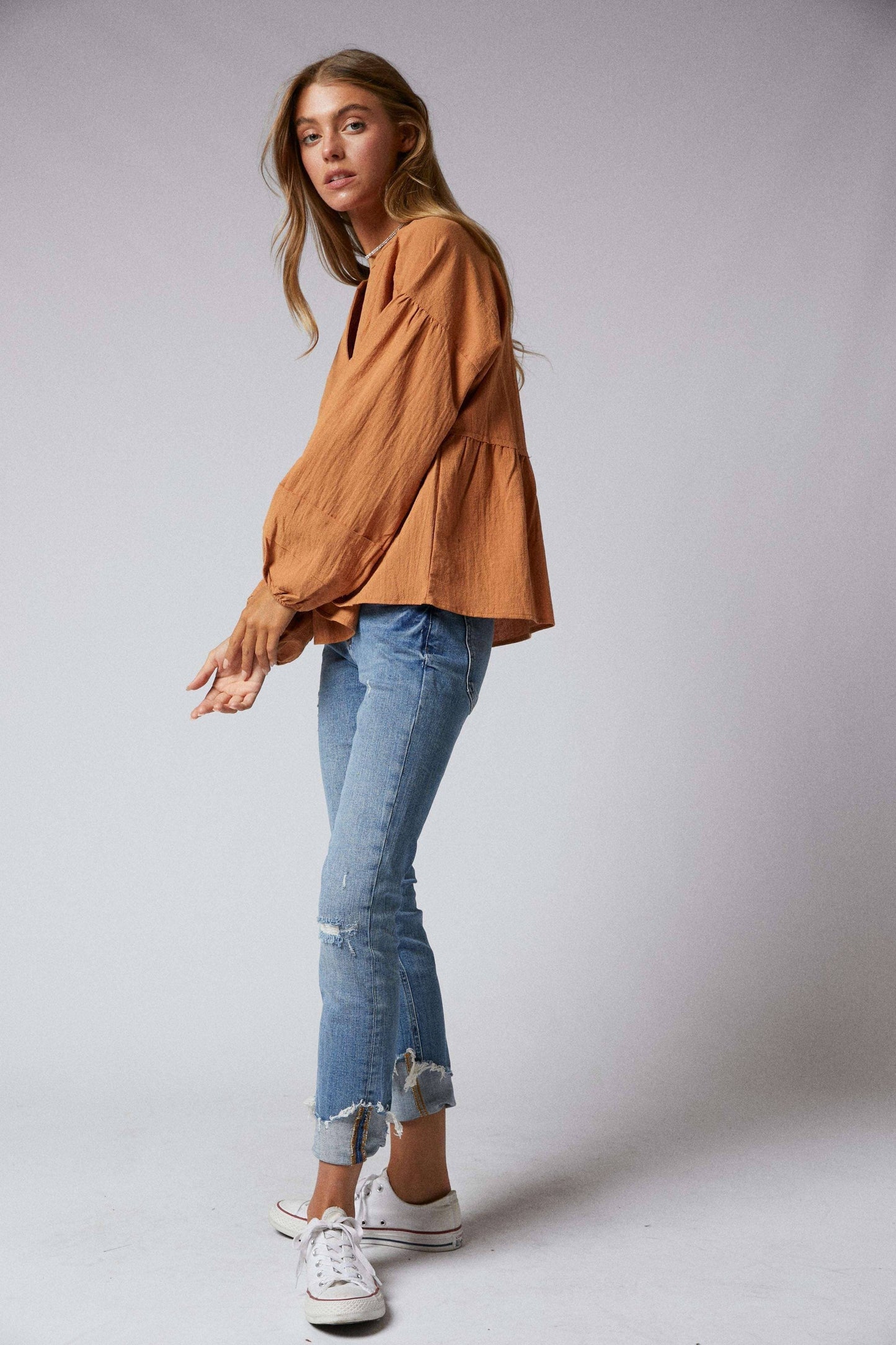 Long Sleeve Split Neck Mandarin Collar