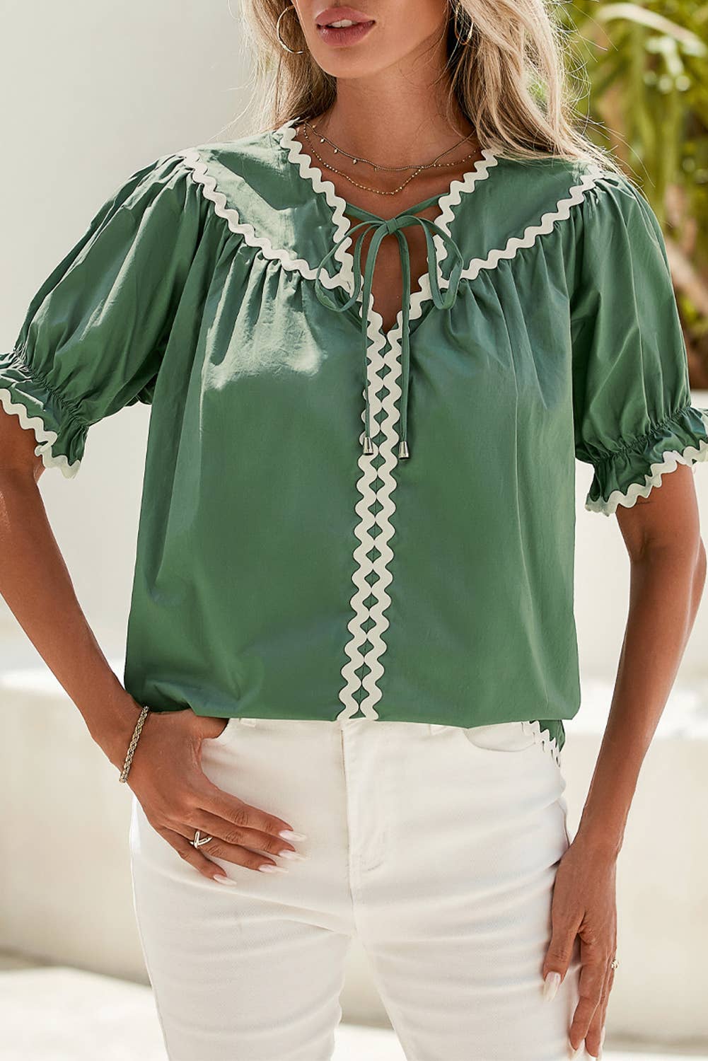 Ric Rac Trim Tie Split Neck Blouse