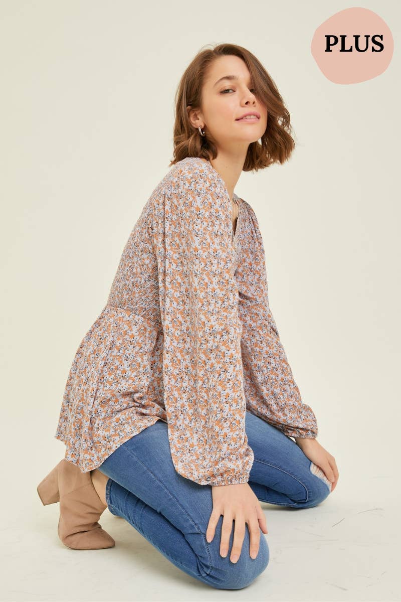 PLUS SIZE FLORAL SMOCKED BABYDOLL TOP