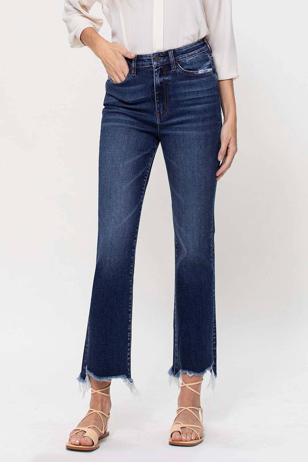 HIGH RISE ANKLE FLARE JEANS W UNEVEN FRAYED HEM