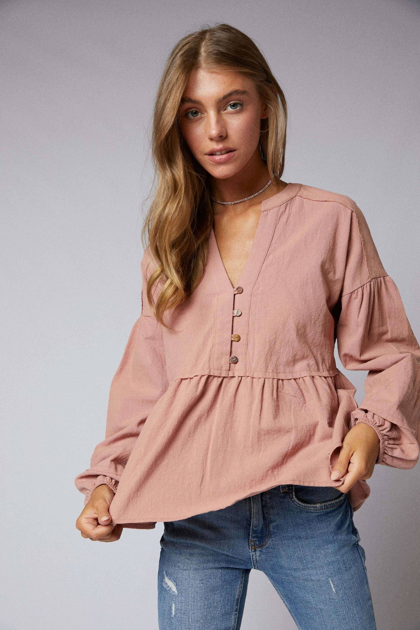 Long Sleeve Split Neck Mandarin Collar