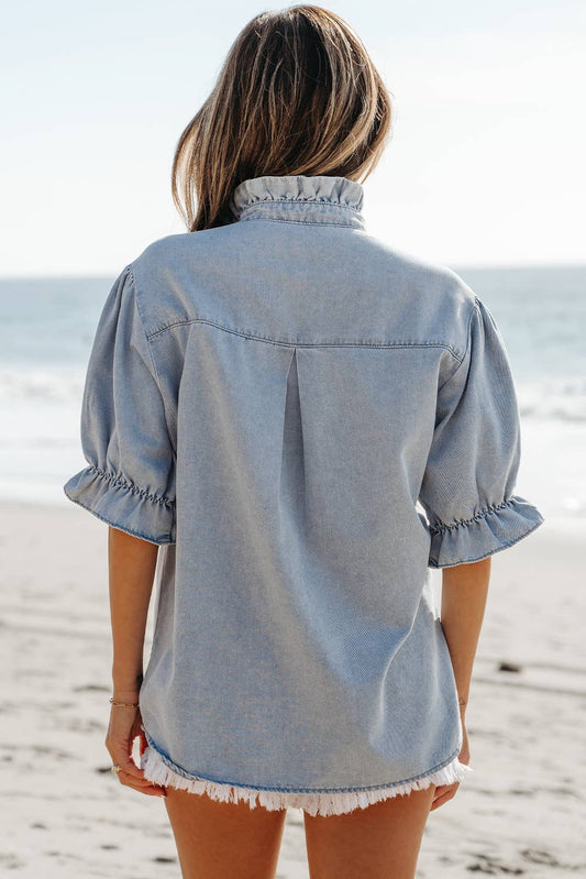 Ruffle Puff Sleeve Summer Chambray Top