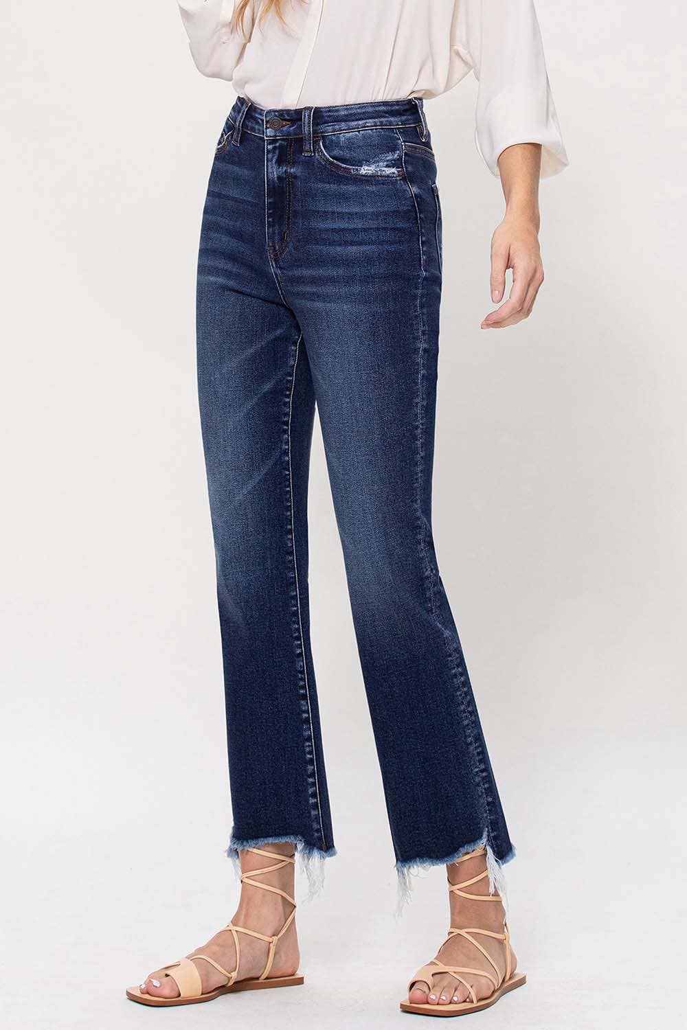 HIGH RISE ANKLE FLARE JEANS W UNEVEN FRAYED HEM