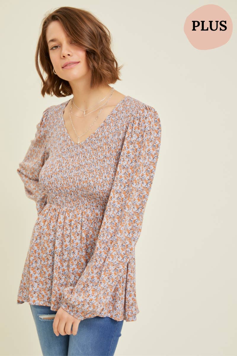 PLUS SIZE FLORAL SMOCKED BABYDOLL TOP