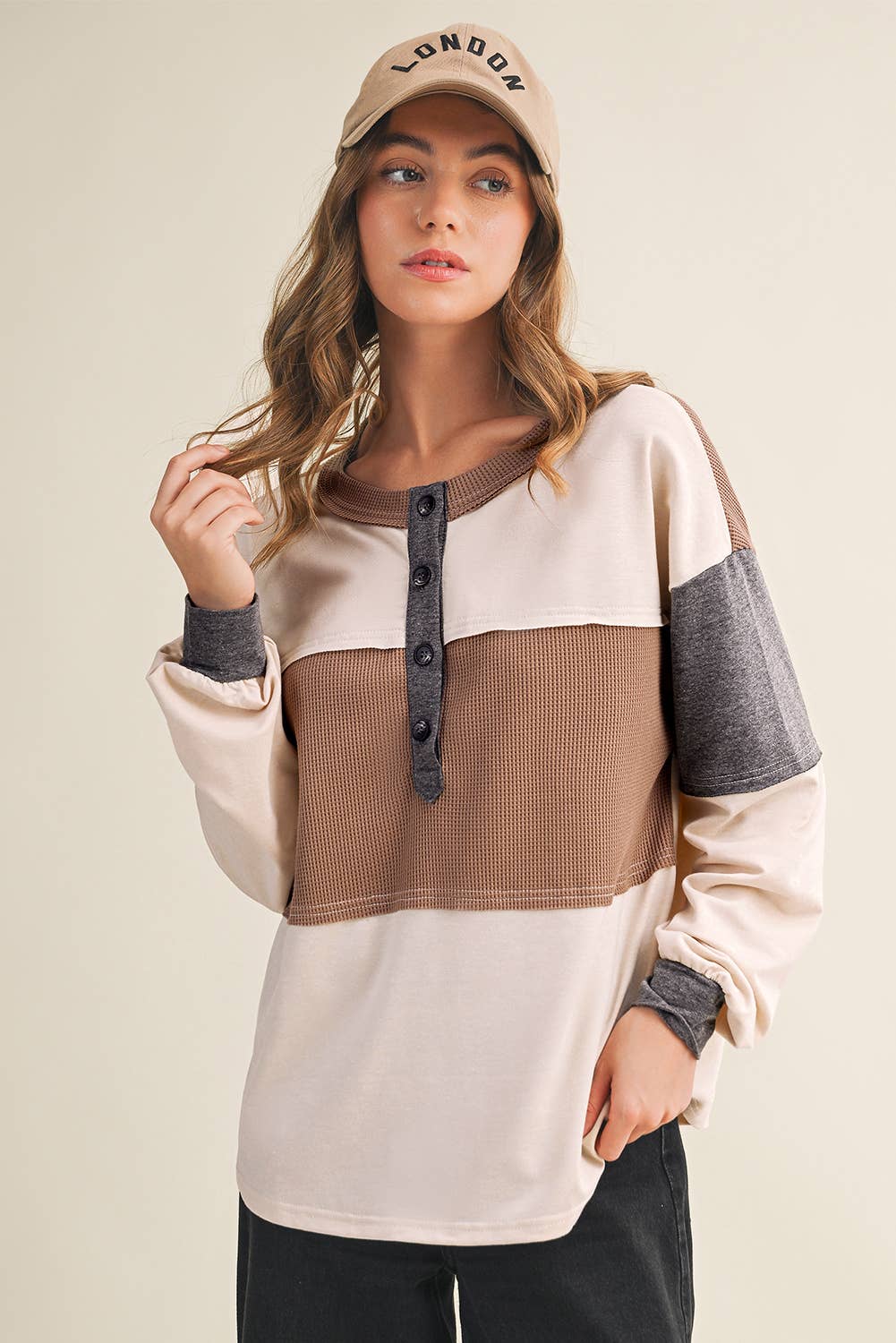 Color Block Waffled Patch Henley Top