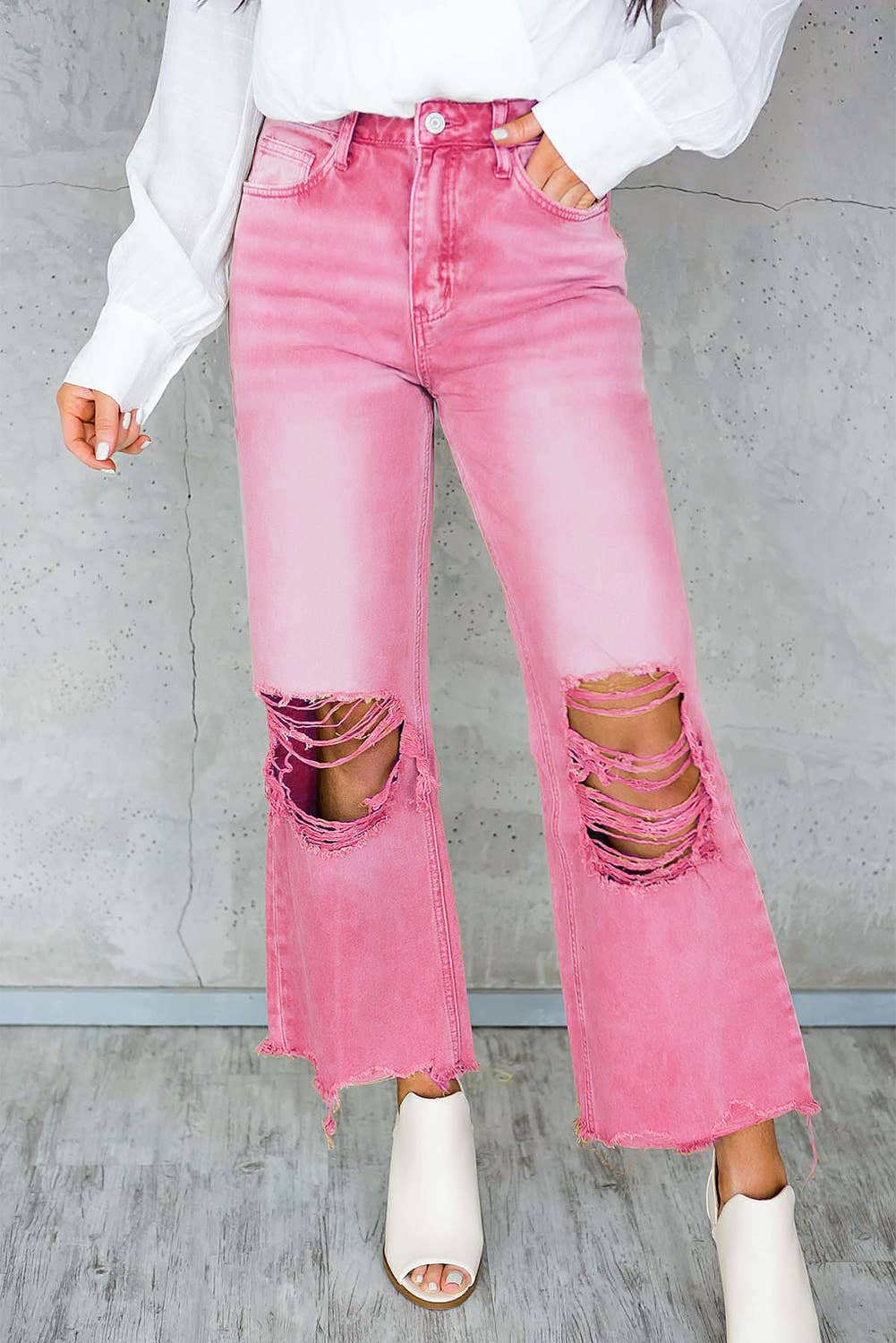 Distressed High Waist Cropped Flare Jeans