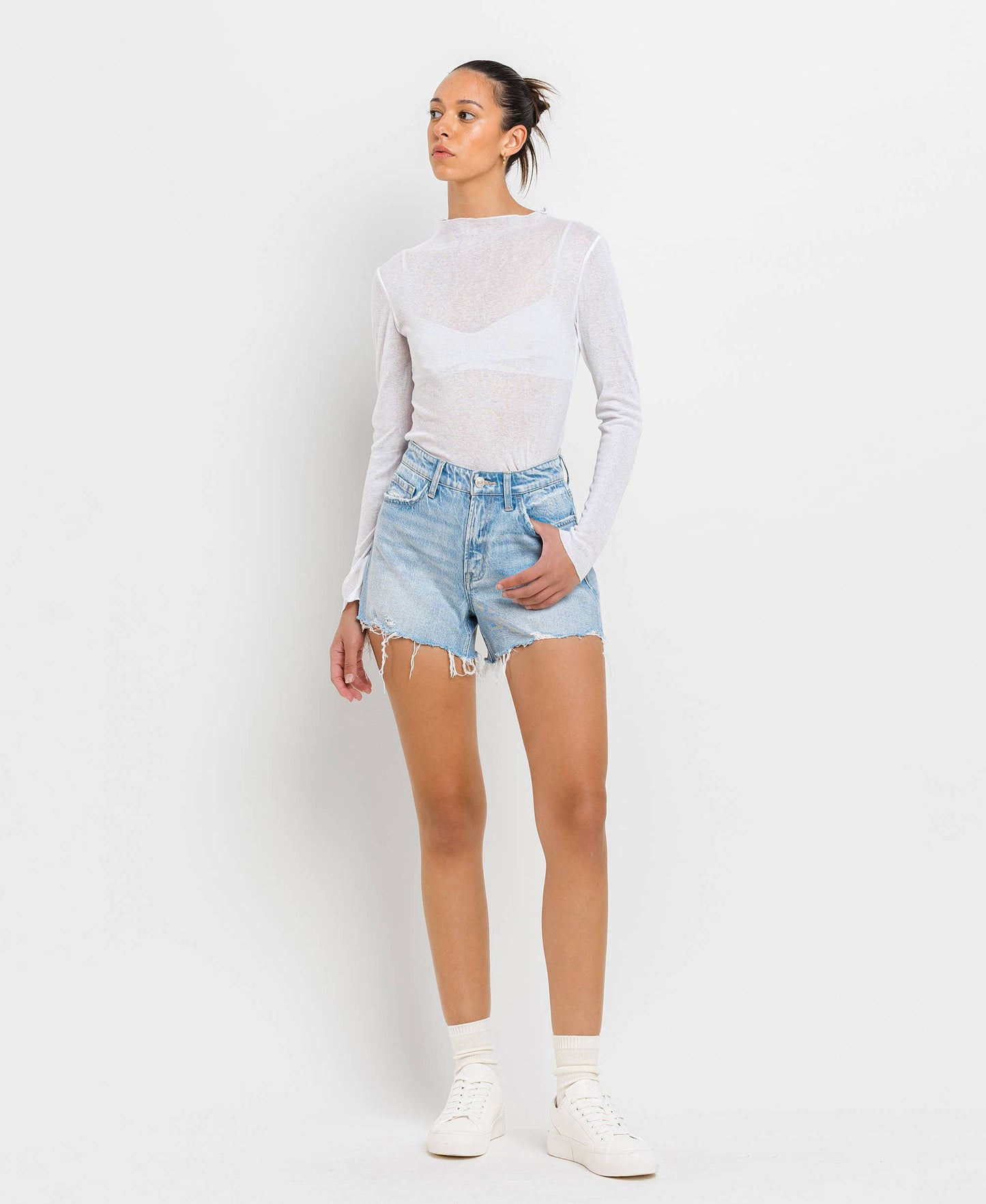 VERVET HIGH RISE DISTRESSED HEM SHORTS