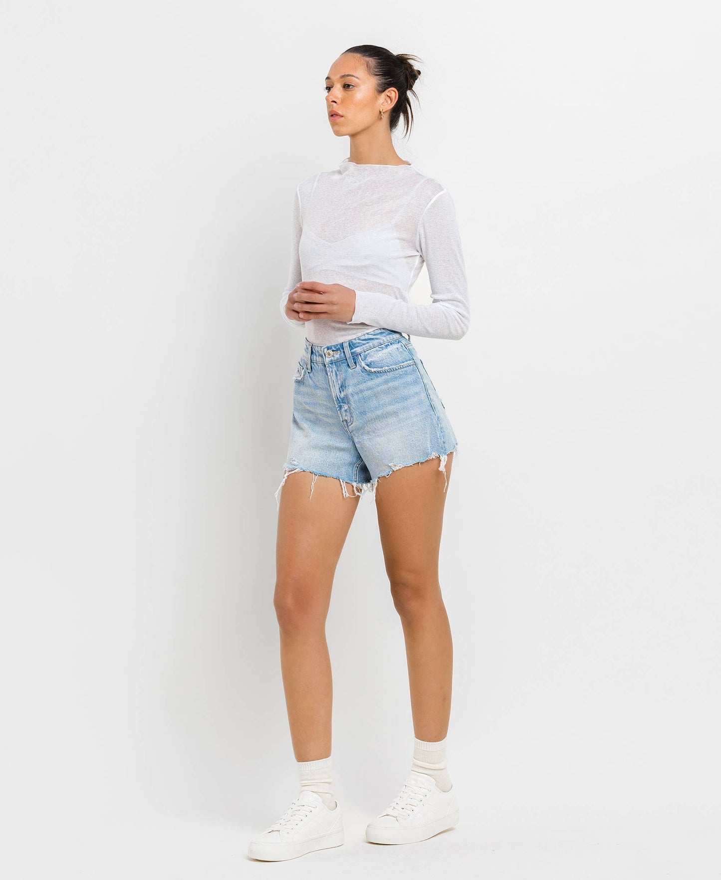 VERVET HIGH RISE DISTRESSED HEM SHORTS