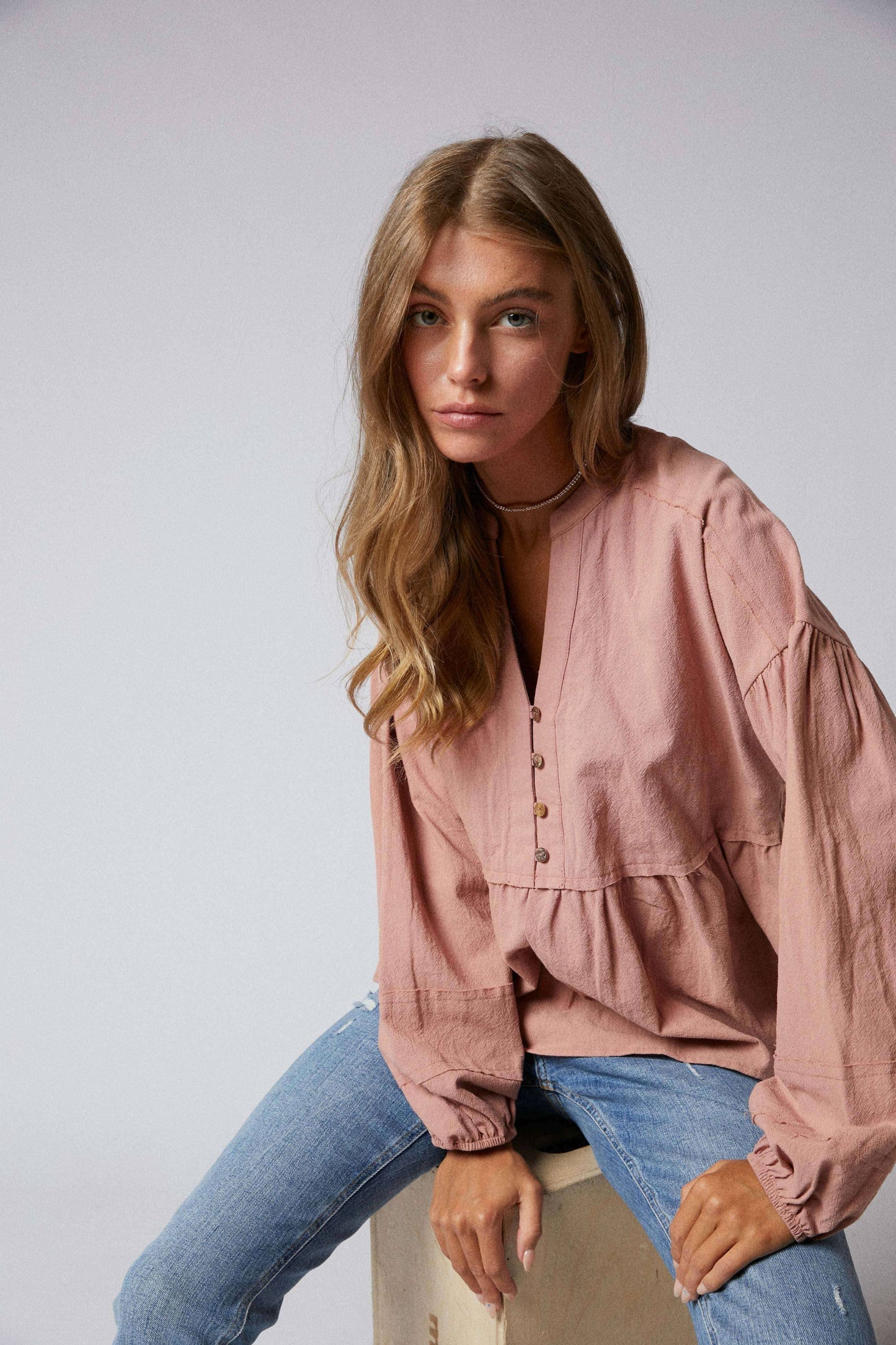 Long Sleeve Split Neck Mandarin Collar