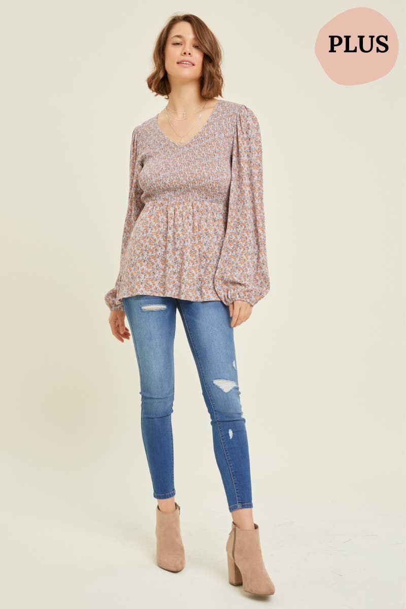 PLUS SIZE FLORAL SMOCKED BABYDOLL TOP