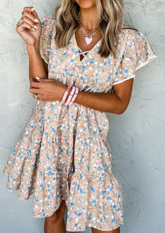 Tier Ruffled Criss Cross V Neck Dress