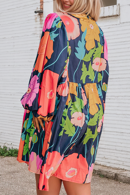 PLUS SIZE Floral V Neck Balloon Sleeve Dress