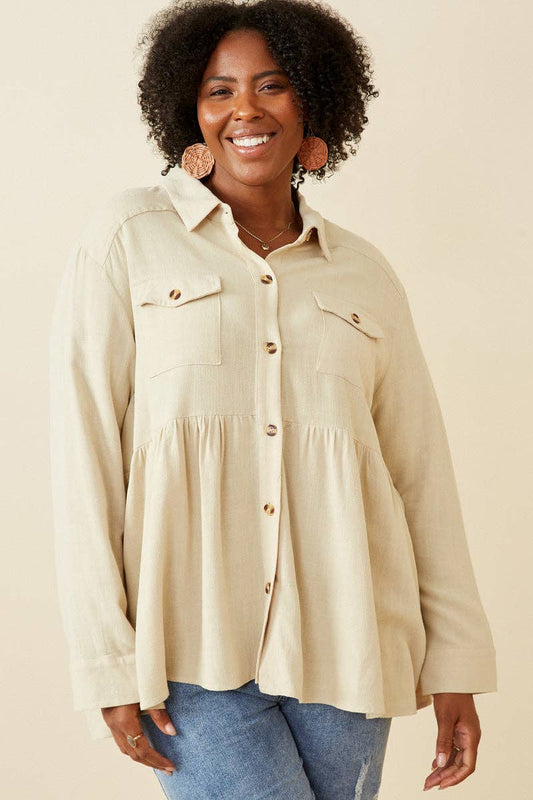 Linen Blend Peplum Button Up Shirt
