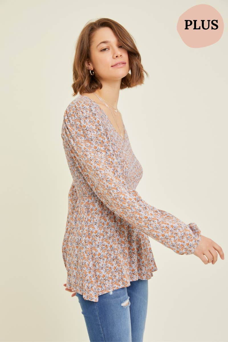 PLUS SIZE FLORAL SMOCKED BABYDOLL TOP