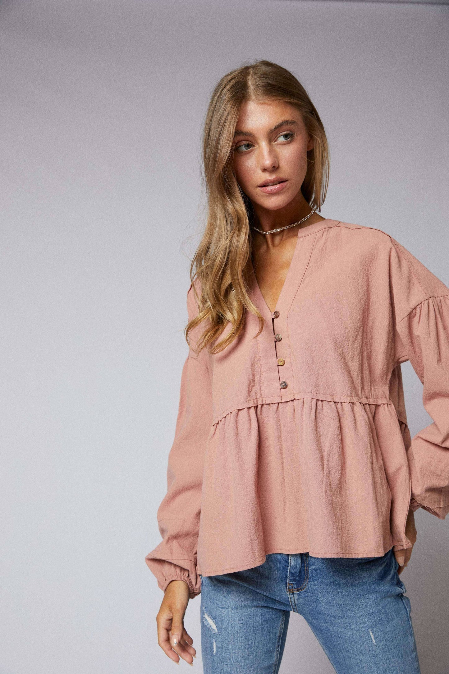 Long Sleeve Split Neck Mandarin Collar