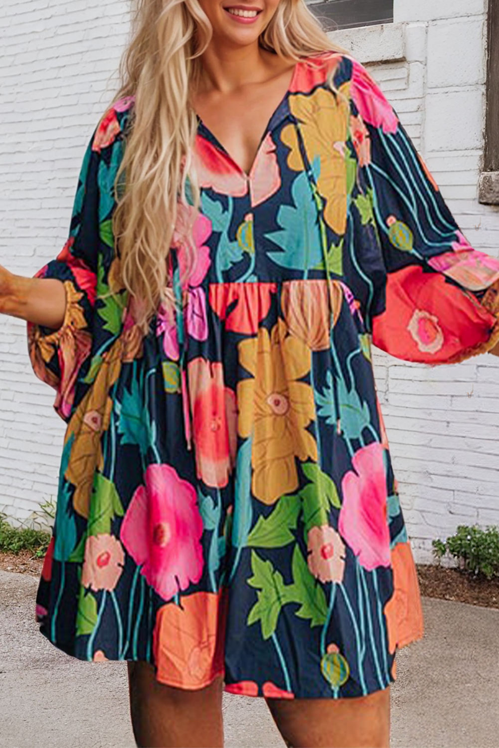 PLUS SIZE Floral V Neck Balloon Sleeve Dress