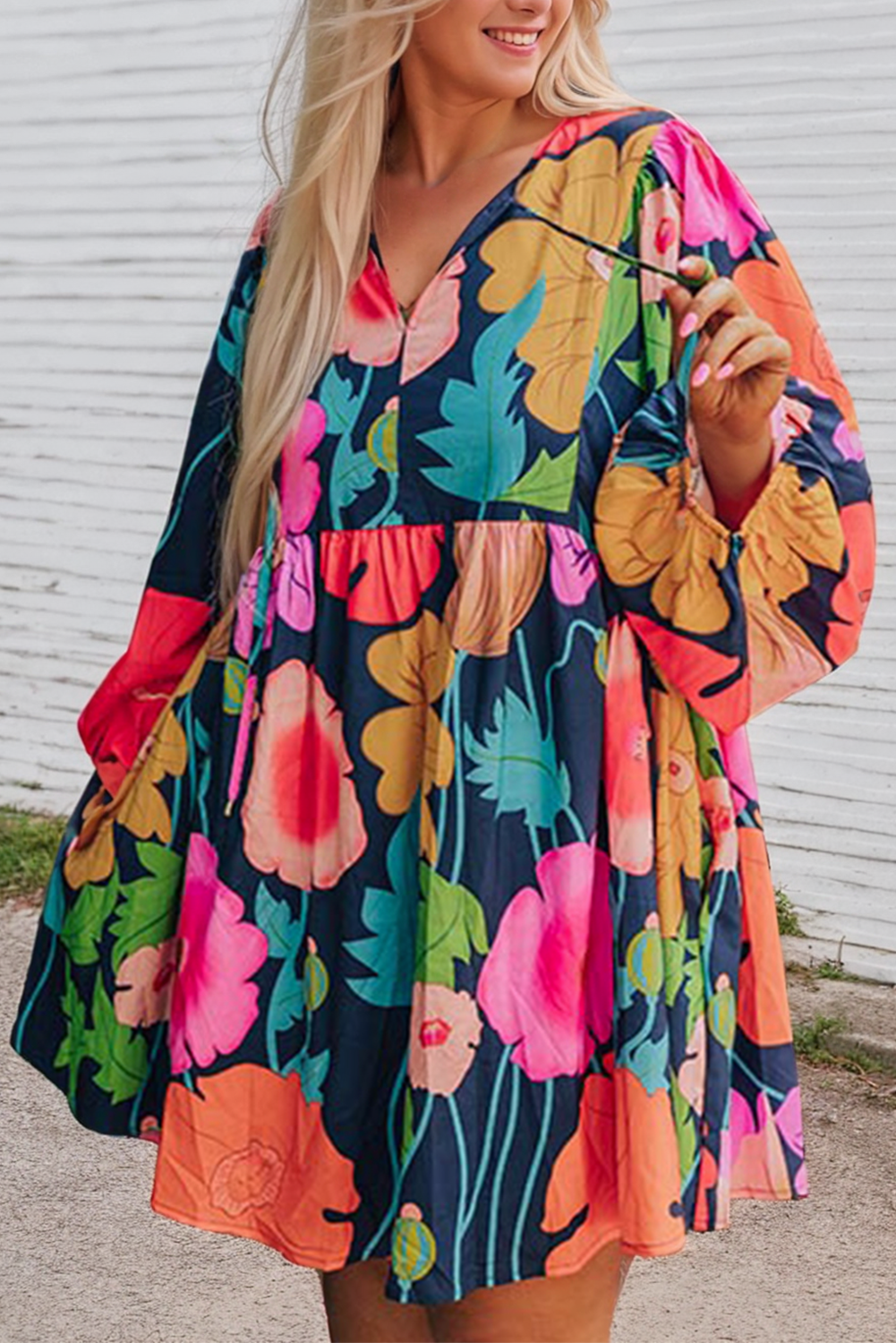 PLUS SIZE Floral V Neck Balloon Sleeve Dress