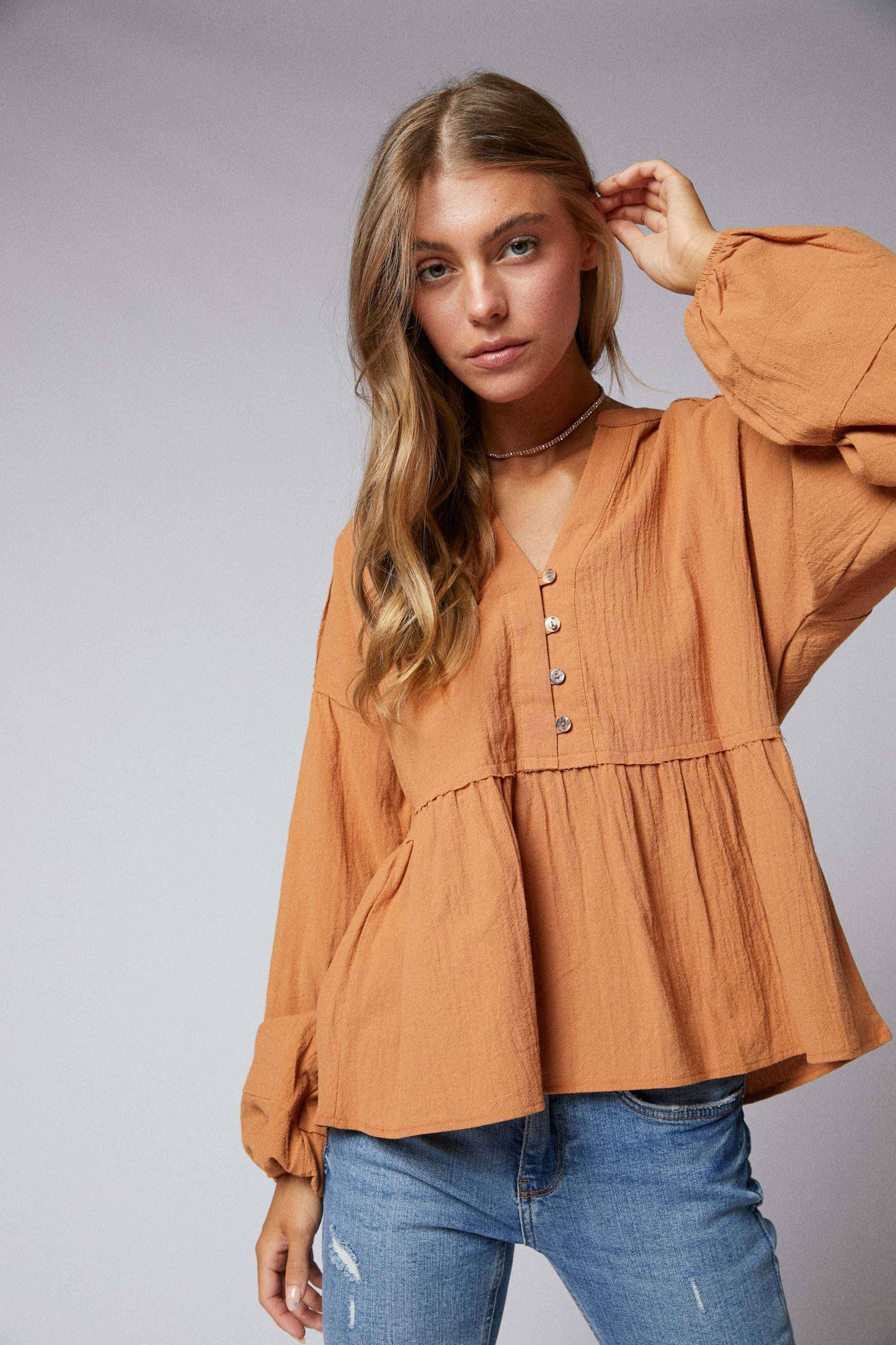 Long Sleeve Split Neck Mandarin Collar