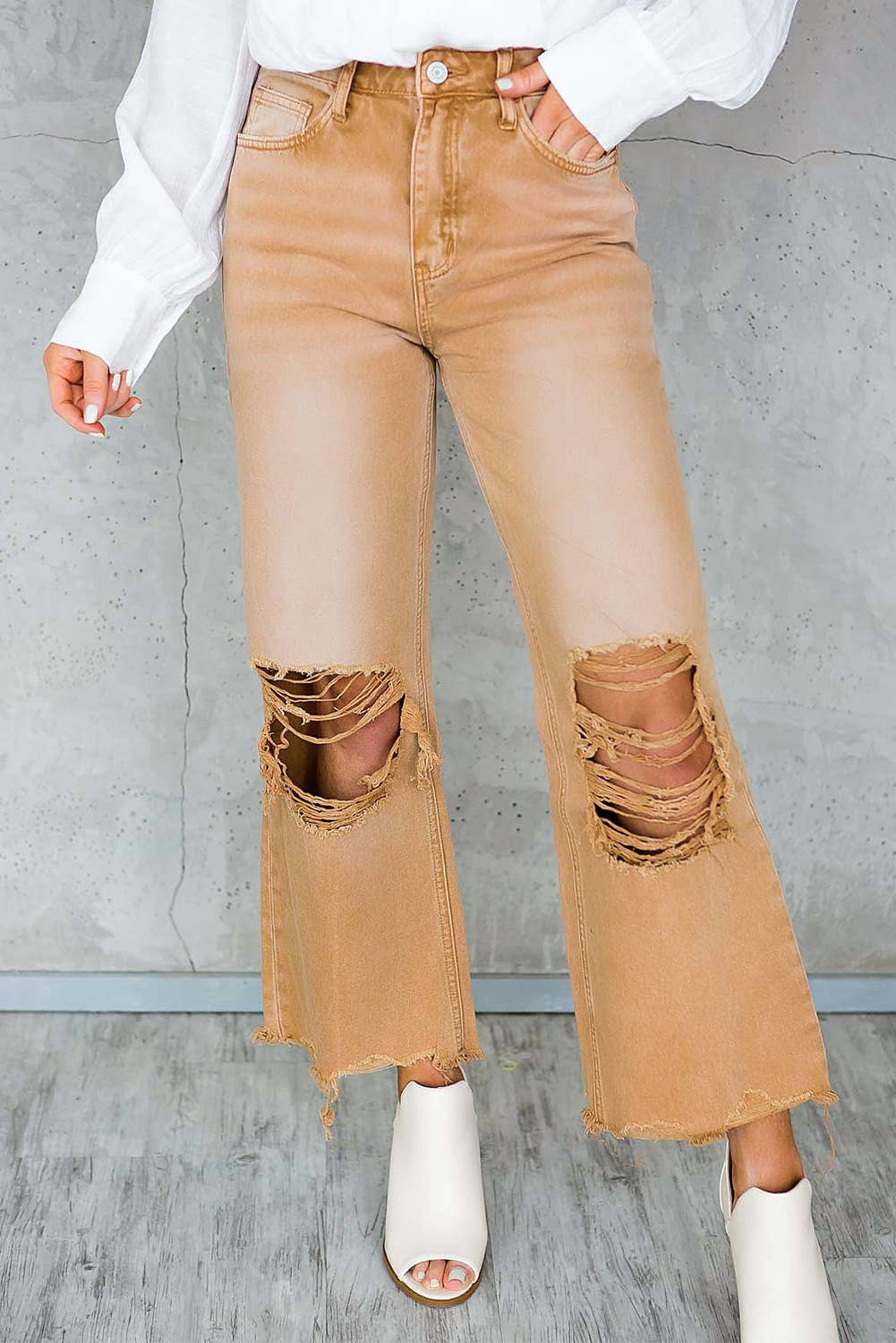 Distressed High Waist Cropped Flare Jeans