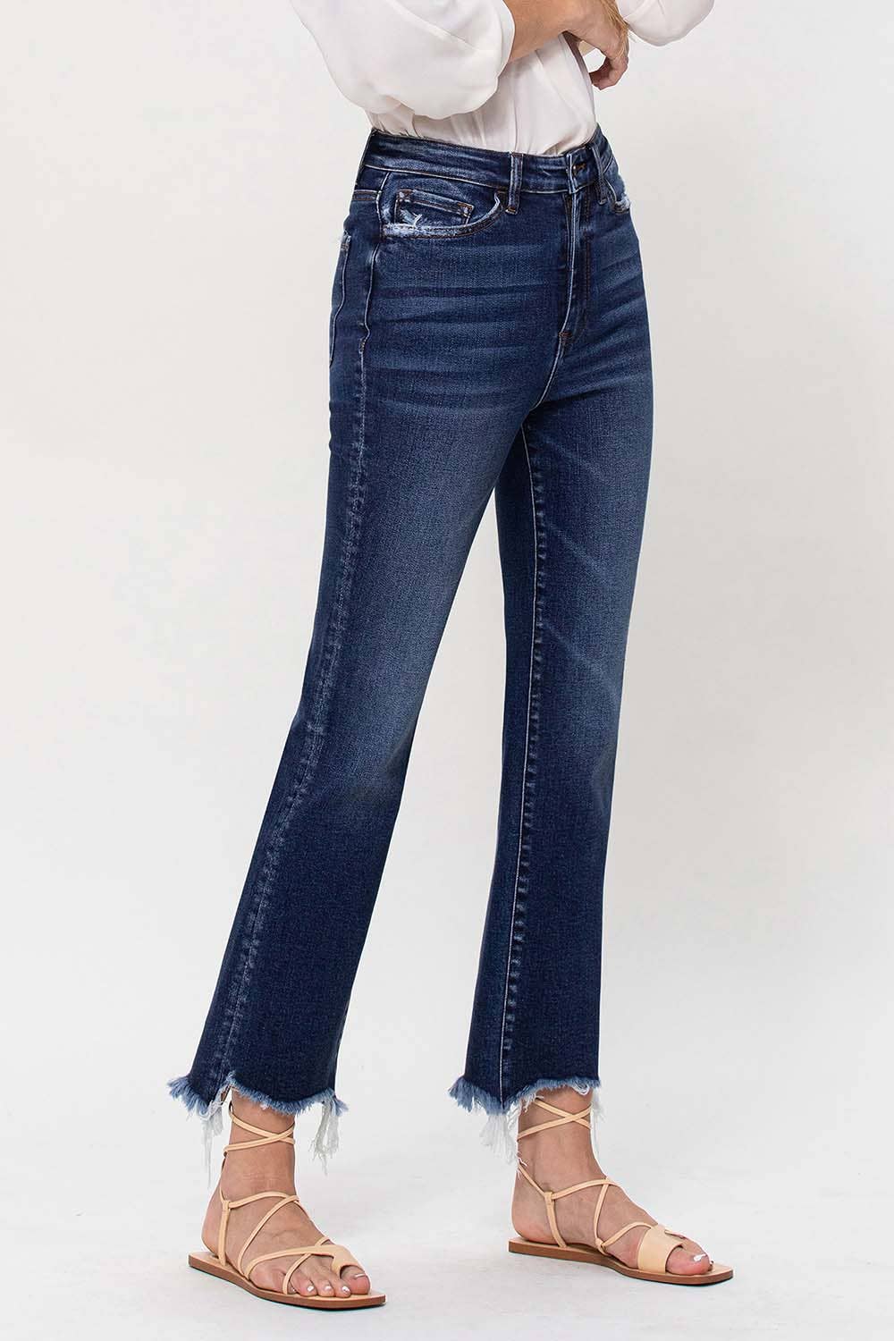 HIGH RISE ANKLE FLARE JEANS W UNEVEN FRAYED HEM