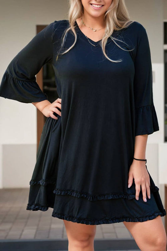Plus Size Ruffled Trim 3/4 Sleeve Dress