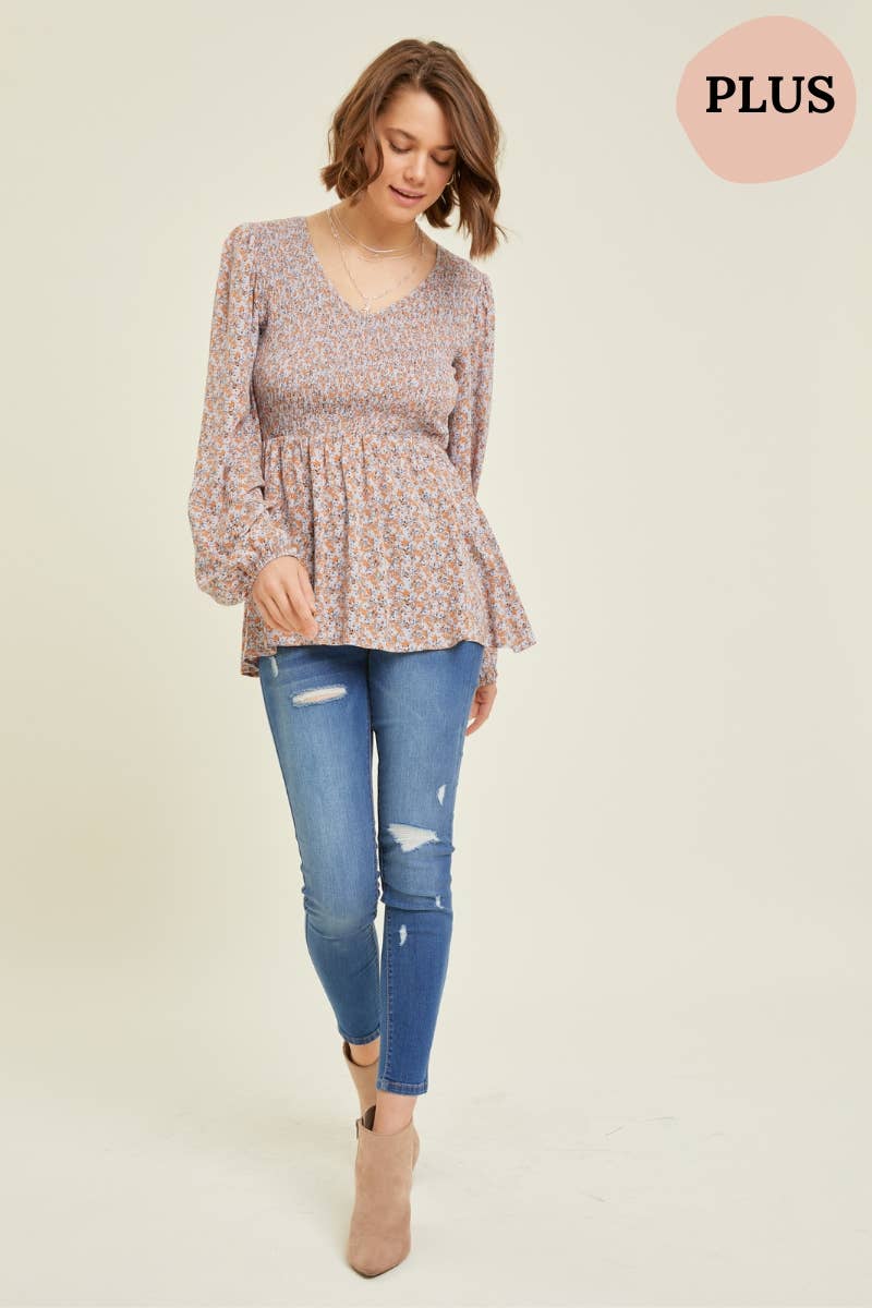 PLUS SIZE FLORAL SMOCKED BABYDOLL TOP