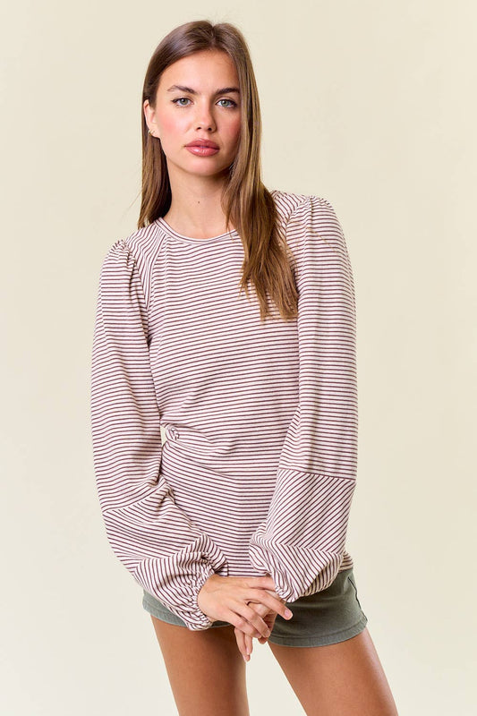 Round Neck Bubble Sleeve Striped Top