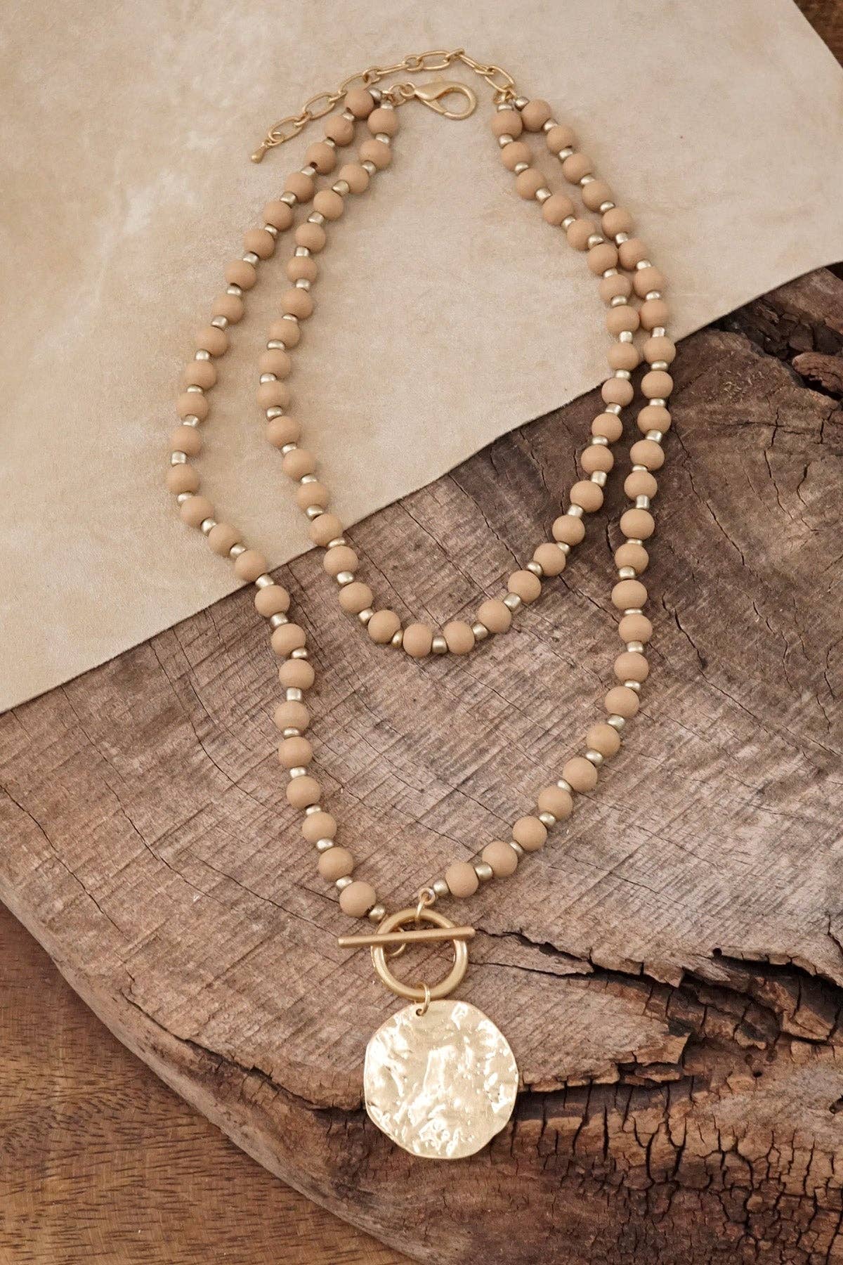 Neutral Wooden Gold Coin Necklace
