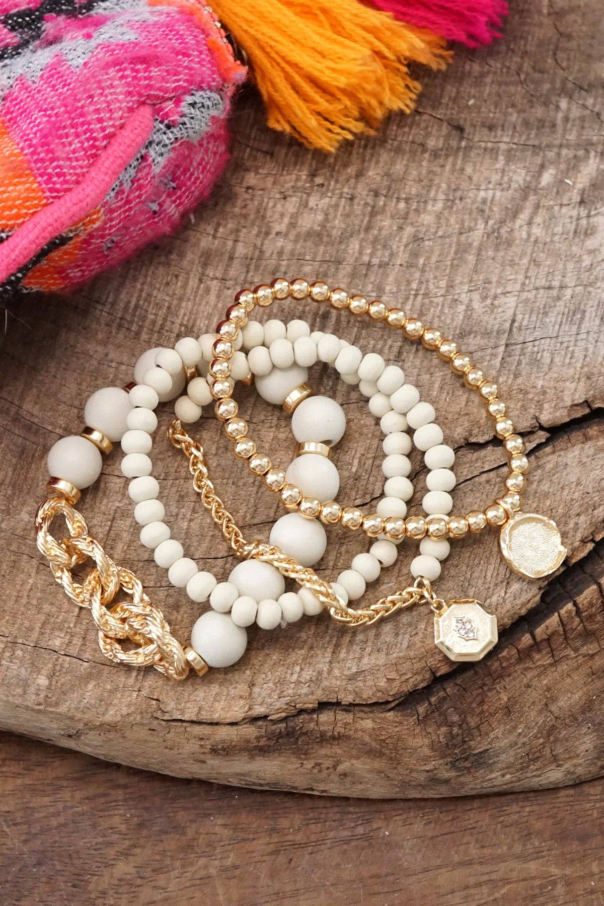 Cream & Gold Beaded Bracelet Set