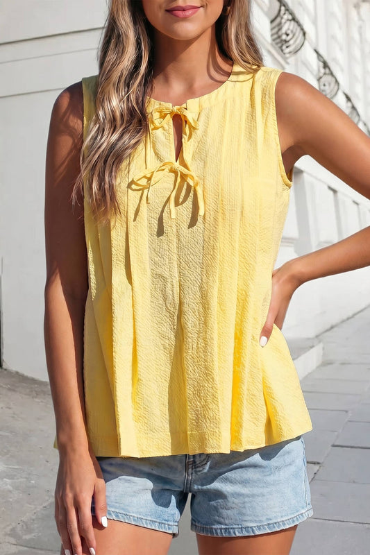 Solid Bow Tie V Neck Pleated Tank