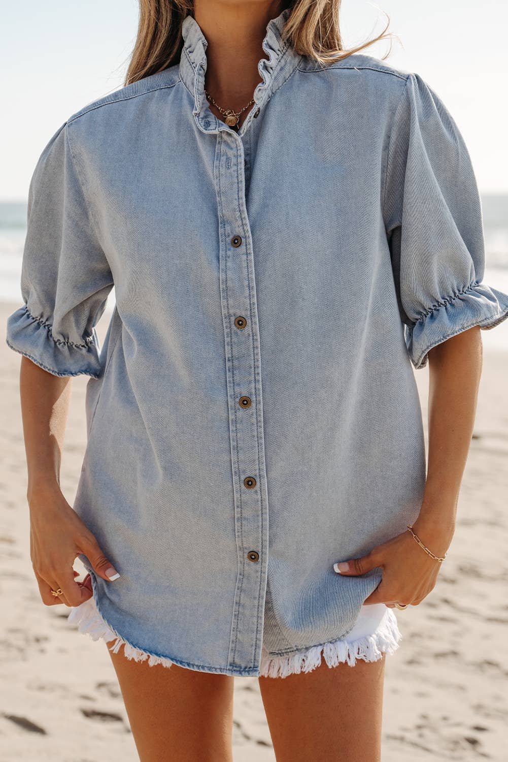 Ruffle Puff Sleeve Summer Chambray Top