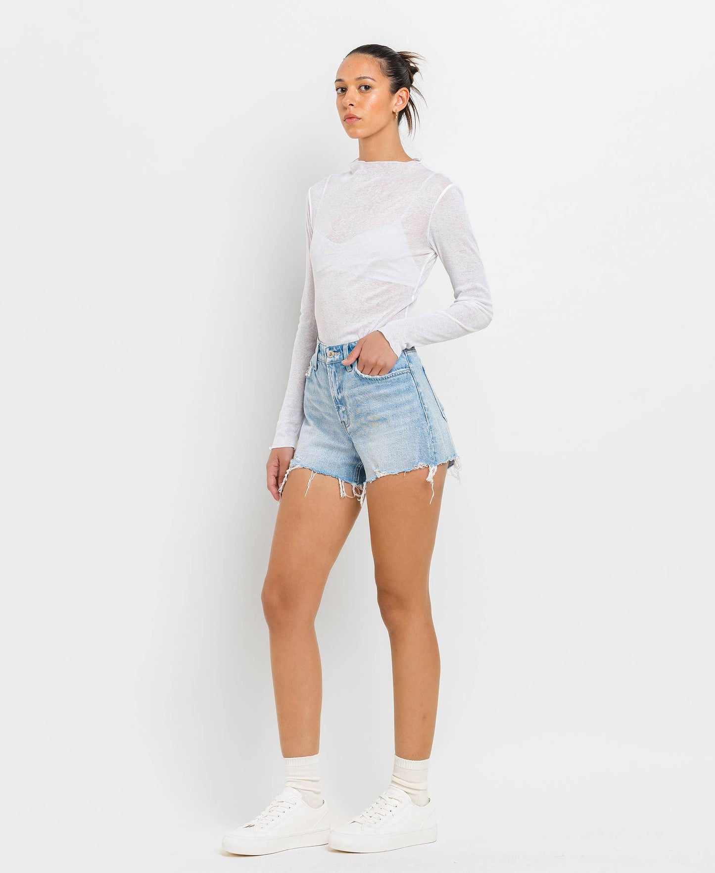 VERVET HIGH RISE DISTRESSED HEM SHORTS