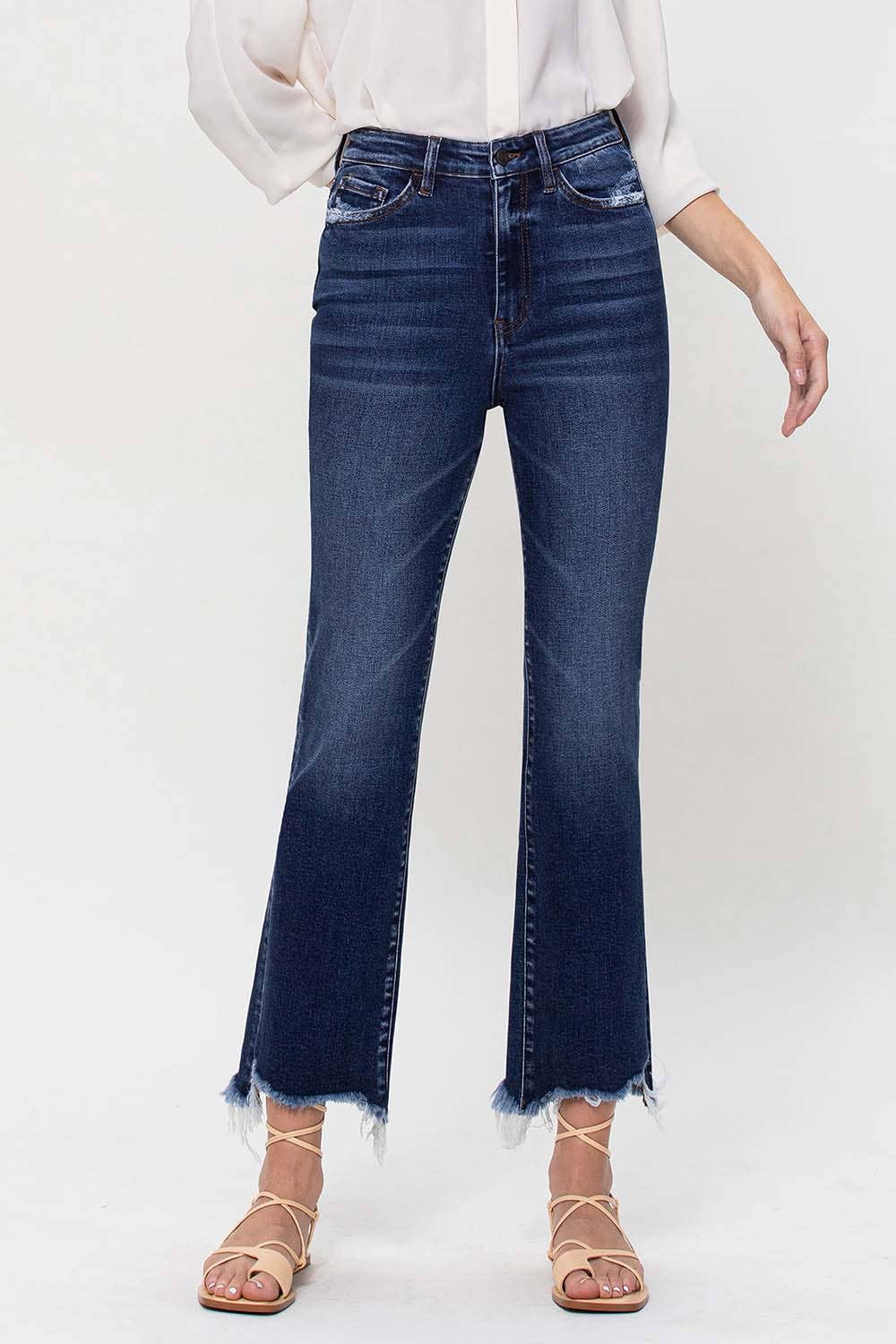 HIGH RISE ANKLE FLARE JEANS W UNEVEN FRAYED HEM