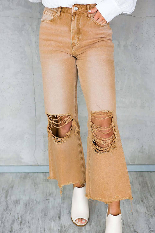 Distressed High Waist Cropped Flare Jeans
