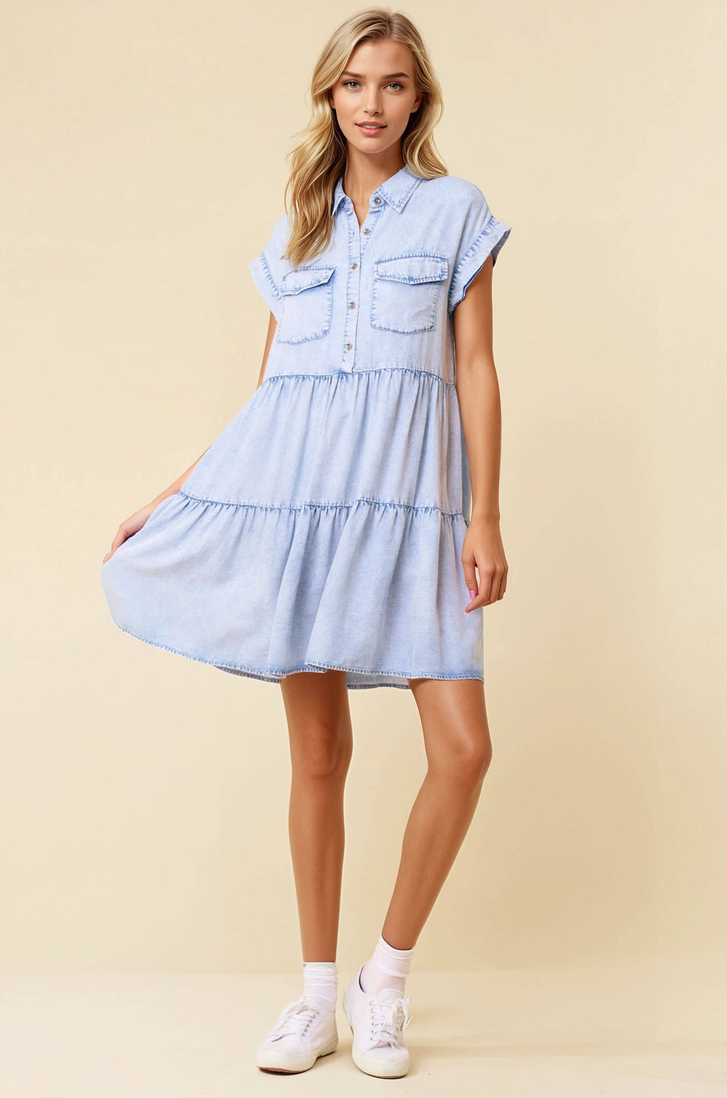 Half Button Down Tiered Denim Mini Dress