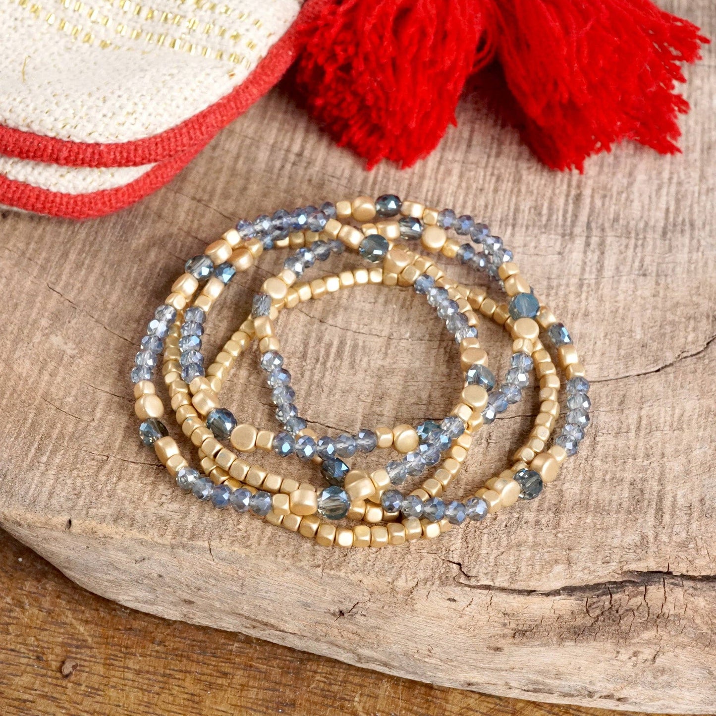 Layered Crystal Glass and Gold Beaded Bracelet