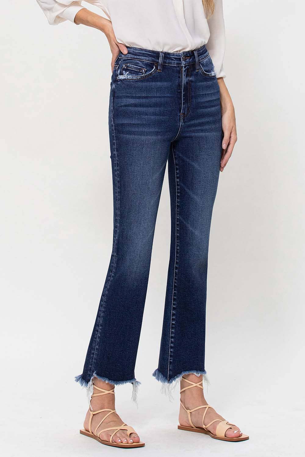 HIGH RISE ANKLE FLARE JEANS W UNEVEN FRAYED HEM