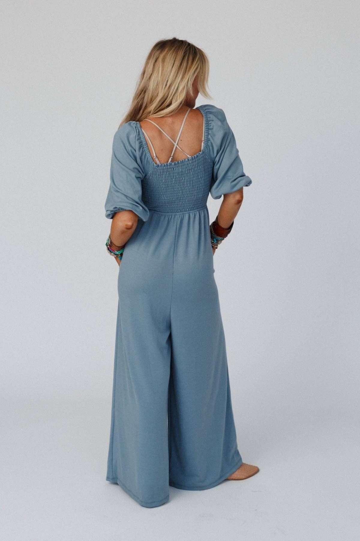 Nick Of Time Smocked Jumpsuit - Gunmetal