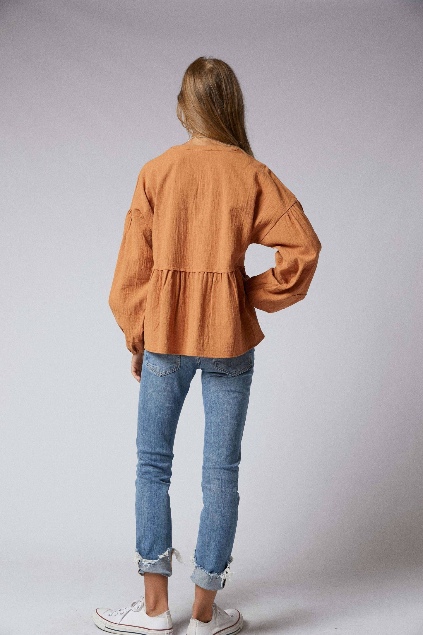 Long Sleeve Split Neck Mandarin Collar