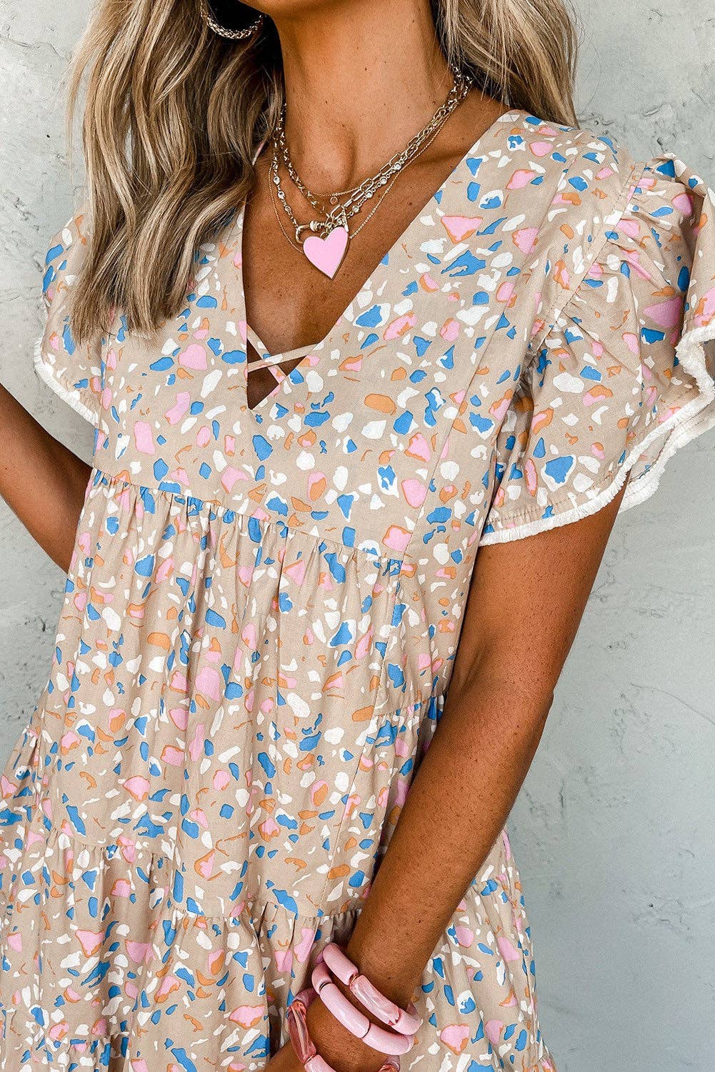 Tier Ruffled Criss Cross V Neck Dress