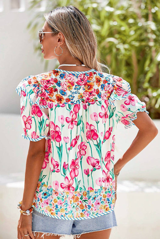 Floral Print Striped Detail Split Neck Blouse