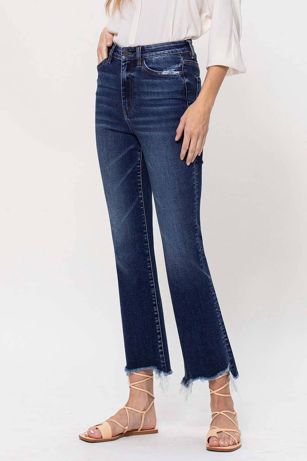 HIGH RISE ANKLE FLARE JEANS W UNEVEN FRAYED HEM