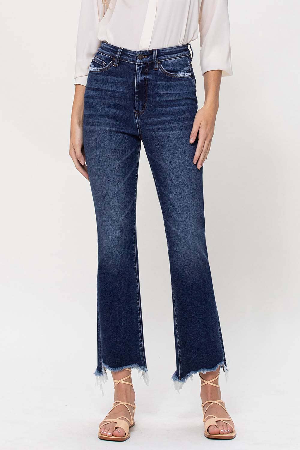 HIGH RISE ANKLE FLARE JEANS W UNEVEN FRAYED HEM