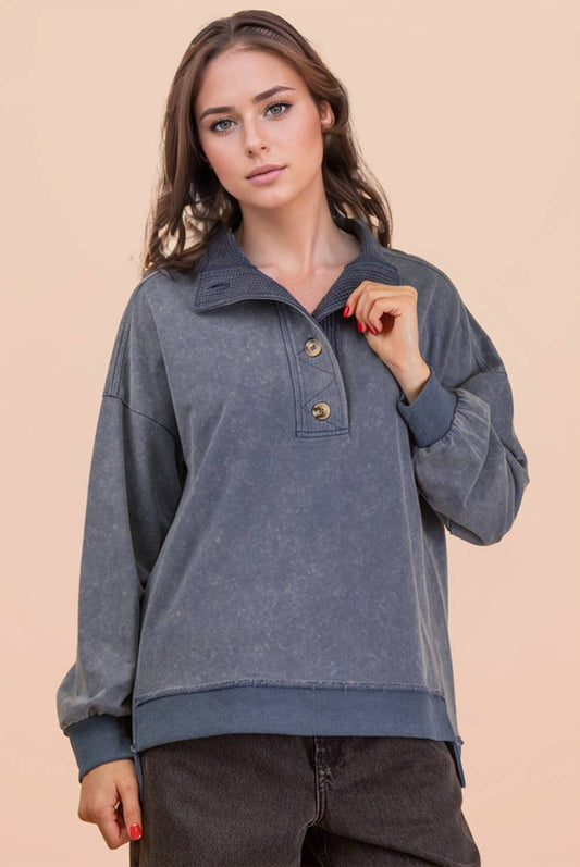 Mock Neck Button Up Sweatshirt