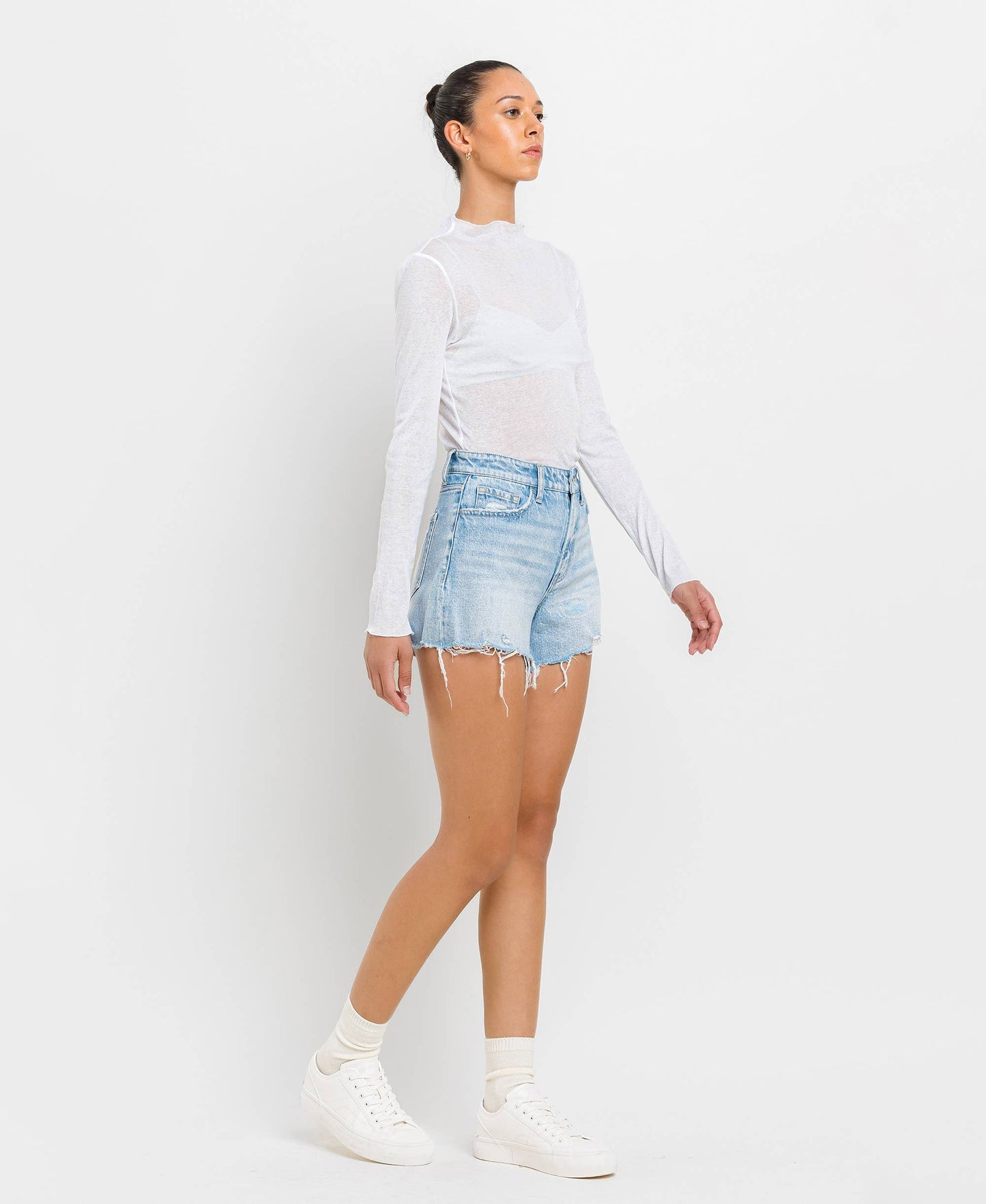 VERVET HIGH RISE DISTRESSED HEM SHORTS