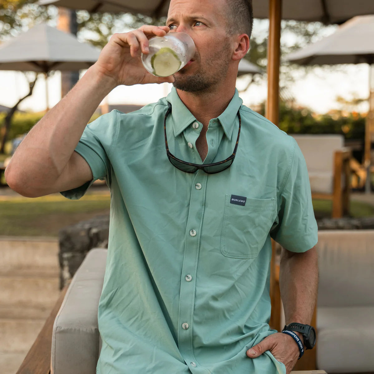 Performance Button Up- Ocean Swell