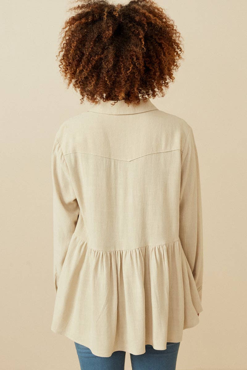 Linen Blend Peplum Button Up Shirt