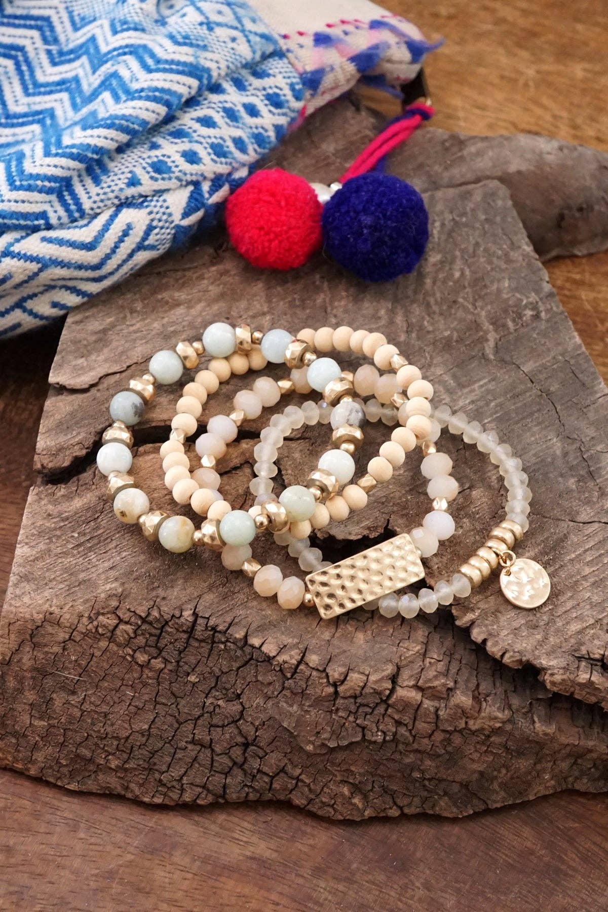 4 Piece Stack Natural Wood & Amazonite