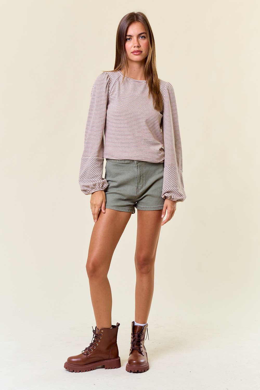 Round Neck Bubble Sleeve Striped Top